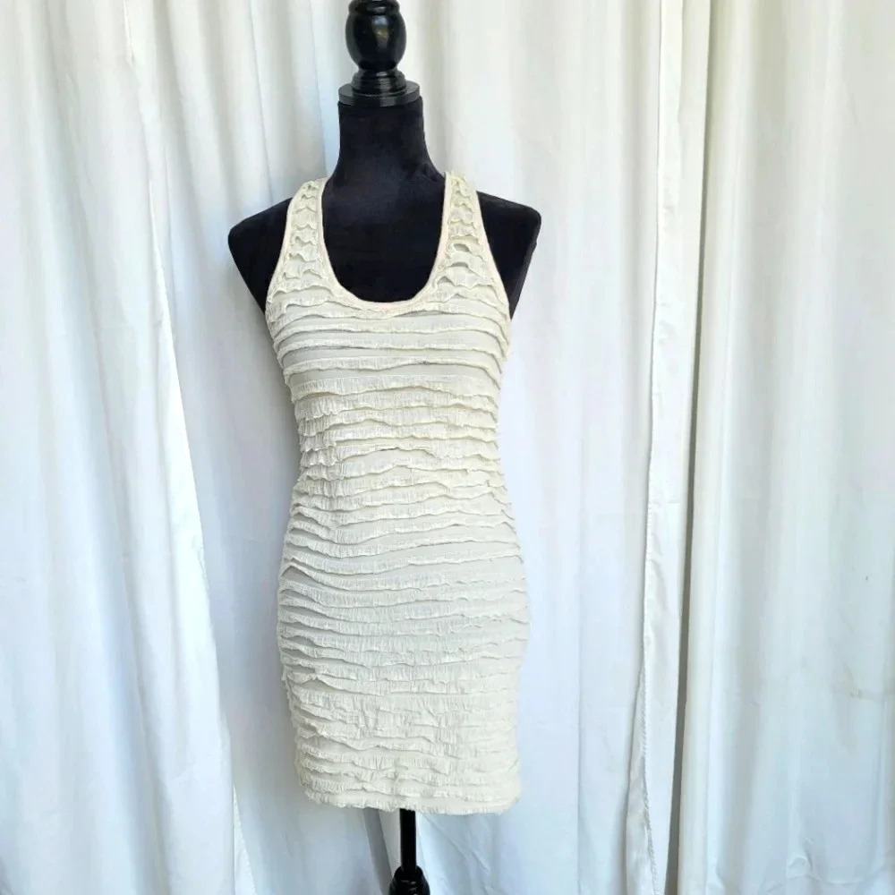 Audrey 3+1 Women’s Sleeveless Dress Racerback Layered Ivory Cream Stretch Mini S